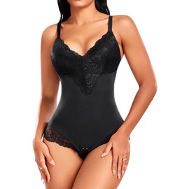 Niwicee Women Shapewear Bodysuit Tummy Control Full Body Shaper Seamless Sculpting Adjustable Straps V Neck Lace Shaping Leotard Tops Waist Trainer Vest(Black,S)