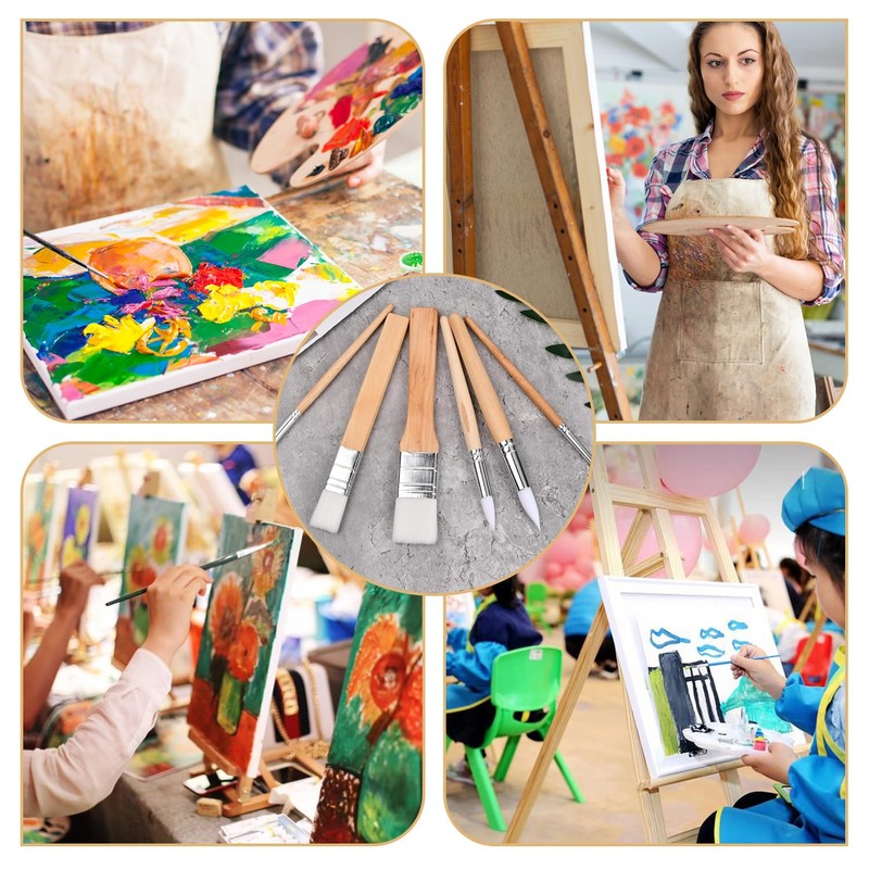 Set of 6 Artist Paint Brushes, Wooden Paint Brushes and