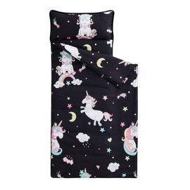 Wake In Cloud - Extra Long Unicorn Nap Mat, with Removable Pillow for Kids Toddler Boys Girls Daycare Preschool Kindergarten Sleeping Bag, White Unicorns Printed on Black, 100% Microfiber