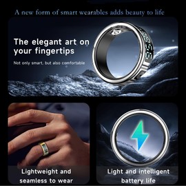 SRZOBYU Unisex Smart Ring with LED Display, Touch Control, Charging Case – Track Activity, Sleep, Heart Rate & Blood Oxygen, IP68 Waterproof, Ideal Gift, Compatible with iOS & Android(Black-Size10)
