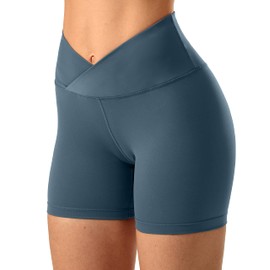 Soothfeel Pantalones cortos de motociclista de cintura alta para mujer, cintura cruzada, entrenamiento, yoga, gimnasio, pantalones cortos para mujer, con bolsillos ocultos, entrepierna de 5 pulgadas, 5" Azul Oscuro, XS