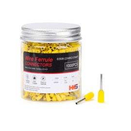 HKS 1000PCS Wire Ferrule Connectors - AWG 22-0.5mm² Copper Barrel Pin Cord Ends Insulated Ferrules Terminals - E0508 Yellow