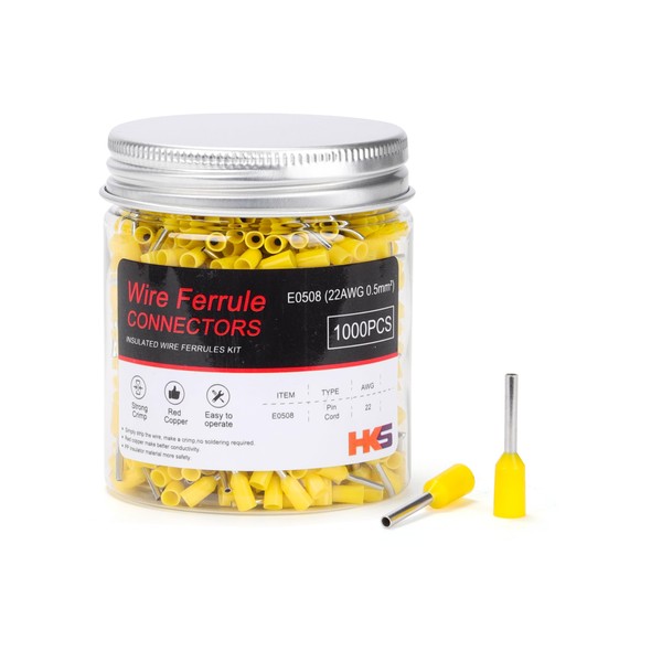 HKS 1000PCS Wire Ferrule Connectors - AWG 22-0.5mm² Copper Barrel