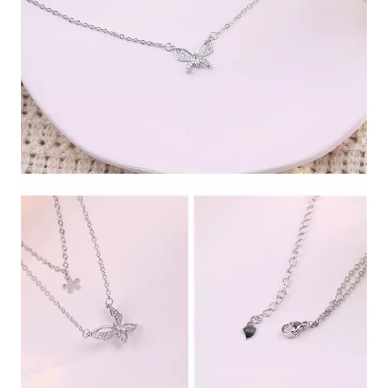 Unbranded Sterling Silver Plated Butterfly CZ Layered Pendant Necklace Choker