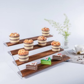 PACKGILO 2 Pack Large 4 Tier Acrylic Display Stand 16*10.6*6.3 inches for Figures Wooden Risers Display Case for Craft Fair Acrylic Cupcake Stand for Dessert Table Cologne Organizer for Men(BROWN)