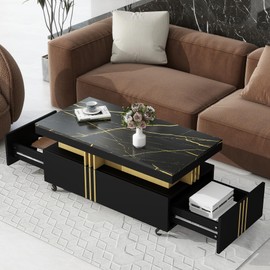 Polibi Contemporary Coffee Table with Faux Marble Top, Rectangle Cocktail Table with 2 Drawers, Moderate Luxury Center Table with Caster Wheels and Gold Metal Bars for Living Room(Black)
