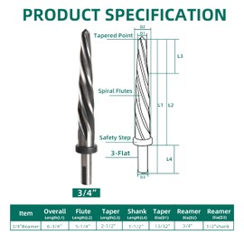 3/4" Reamer Bit, 3/4" M2 HSS Taper Chucking Reamer Fit 1/2" Round Shank Construction Reamer Drill Bit Bridge Also for Wood Alloy Steel Metal Align The existing Hole and Expand The Reamer