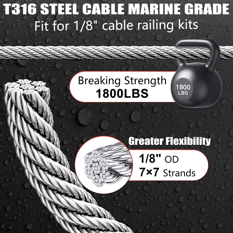 Steel DN Mate 300FT 1/8" Genuine T316 Stainless Steel Cable