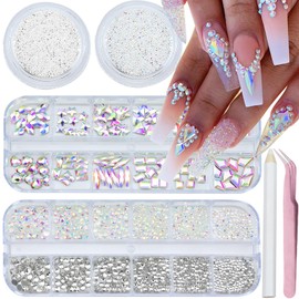 SEMATA Nail Art Charms Clear AB Nail Rhinestones Crystals Various Shapes Heart Oval Nails Gems Rhinestones Mixed Size Rhinestone 0.03-0.14in Nails Design Decoration for Women