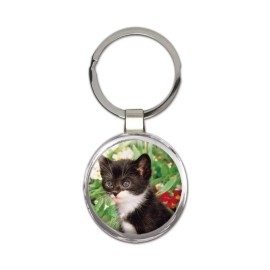 Cat : Gift Round Keychain Cute Animal Kitten Funny Friend Flowers Pet