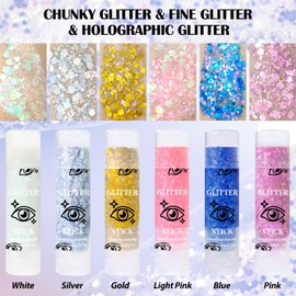 Prreal 2 x Body Glitter, Mermaid Face Glitter Stick Makeup Holographic Sequins, Hair Glitters Eyeshadow Body Shimmer for Rave Accessories, Stage Christmas Festival Makeup Glitter (White + Gold)