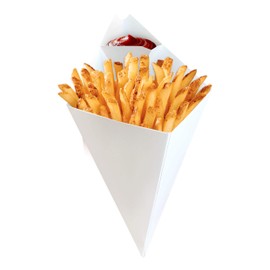 25 pcs Food Cones with Dip Pocket, Kraft Paper French Fries Cones with Dipping Sauce Compartment. (White)