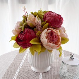 LZTDRZH Artificial Peony Flowers with White Pots, 12 Inches Tall, Pink Peonies Artificial Flowers