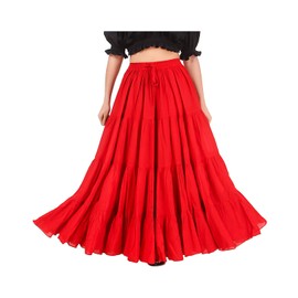 BoheeWohee Women's 25 Yard Cotton Gypsy Belly Dance 4-Tiered A-Line Pleated Maxi Long Boho Dance Tribal Skirt C1518 (Red) (Medium)
