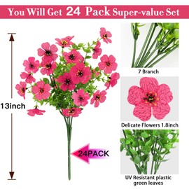 MERIXMAS 24 Bundles Artificial Flowers for Outdoors Decorations, Fake Flowers Artificial Plants Outdoor, Colorful Daisy Eucalyptus Realistic UV Resistant for Garden Patio Porch Home Decor, Rose Red