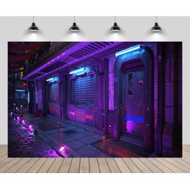 CHNYWORK 7x5ft Cyberpunk City Backdrop Futureistic Grunge Urban Neon Night Street Gate Cityscape Background Video Game Cyberpunk Theme Birthday Party Decor Portrait Photo Booth Studio Props