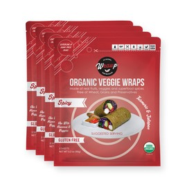 WrawP Organic Mini Veggie Wraps - SPICY (4 pack) SHELF STABLE, All Natural, Gluten Free, Paleo, Raw Vegan. Perfect for Wraps, flat bread, snack, chips