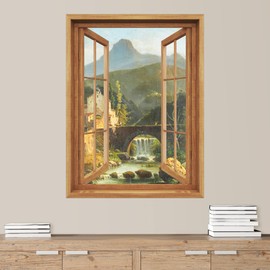 SIGNWIN Removable Wall Sticker/Wall Mural Window View Vintage European Bridge Mountain Nature Wilderness Fine Art Rustic Decorative Landscape Digital Art for Living Room, Bedroom, Office - 24"x32"