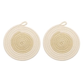sourcing map 2Pcs Round Braided Placemats, 7.1" Woven Placemats Kitchen Table Place Mats with Hook for Farmhouse Decor, Kitchen Countertops, Table, Home Decor (Beige)
