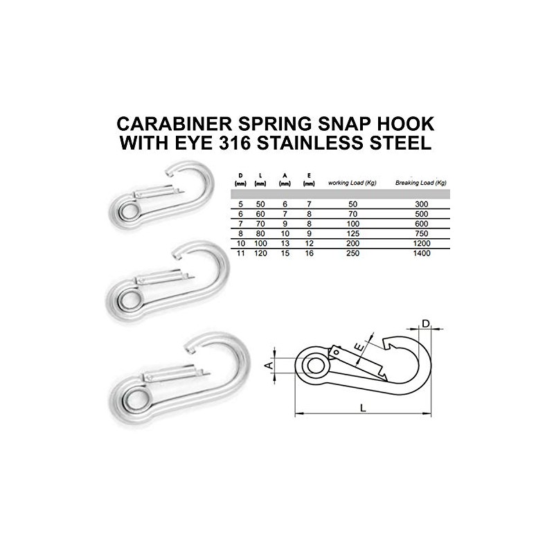Spring Snap Eyelet Hook 316 Marine Stainless Steel Climbing Locking