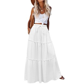 Hotouch Skirt Women's Long High Waist Skirts Elegant Maxi Skirt A-line Layering Drawstring Midi Casual Skirt Plain Skirt with Pockets, White, M
