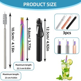 Portable Telescopic Metal Straws, Set of 3, Reusable, with Corkscrew Function, Includes Cleaning Brush, Black/Silver, 10-22.5 cm