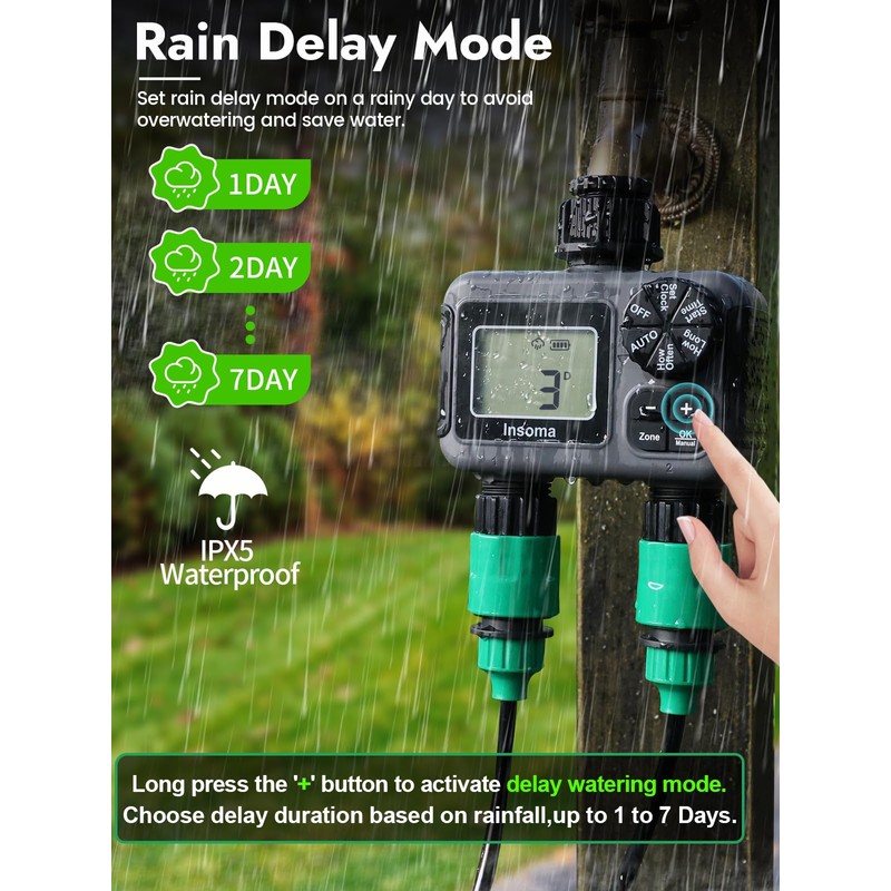 Insoma 2-Zone Sprinkler Timer, Programmable Garden Hose Timer with Auto/Manual/Rain