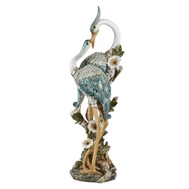 Devoted Cranes Table Sculpture Teal - Made of Resin Coastal Crane Shorebirds - Glitter Accents - Bird Statue - Flowers, Vining Leaves Base - Measures 5 Inches Wide, 16 Inches High