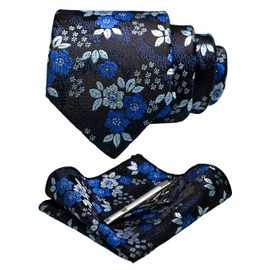 JEMYGINS Mens Floral Ties and Pocket Square Sets with Tie Clip Available, black blue