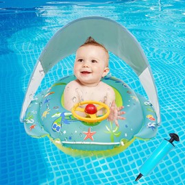 Rppiup Baby Pool Float with Canopy, Inflatable Baby Swimming Float with SPF 50+ Sun Canopy and Safety Bottom Support, Portable Infant Swim Seat, Adjustable Water Swim Toys for Beach Wading(1-4 Years)