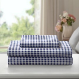 Laurel & Mayfair 250tc 100% Cotton Gingham Print Sheet Set, King, Navy