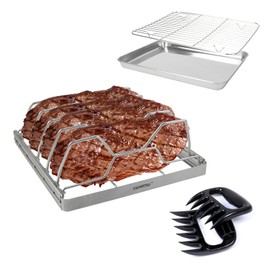 COPOTTEY 5-Piece BBQ Tools Set - Foldable Stainless Steel Rib Rack for Smoking, 2 Meat Shredder Claws, and Stainless Steel Tray, Stainless Steel Rack, Perfect for Grilling, Smoking, BBQ Accessories