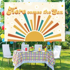 LOONELO Here Comes The Son Backdrop, Sunshine Baby Shower Banner, Boho Sun Retro Muted Sunrise First Trip Around The Son Photography Background Sign for Baby Shower Sun Themed Party Decorations