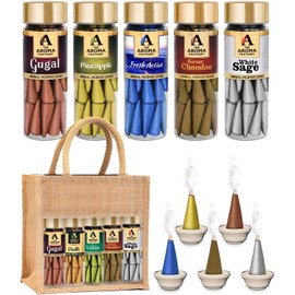 The Aroma Factory Organic Dhoop Cones | Pine Apple, Gugal, Kesar Chandan, White Sage & Fresh Active Incense Cones |No Charcoal, Scented Incense | 5x30 Cones, Pack of 5 Jute Bag Giftset