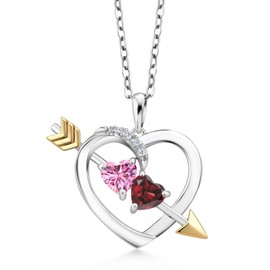 Gem Stone King 925 Silver and 10K Yellow Gold Pendant with Chain Pink Moissanite Garnet (1.14