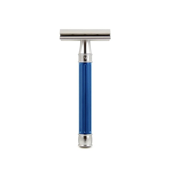 Edwin Jagger 3ONE6 DE Stainless Steel Grooved Safety Razor 1 Pack DE Razor Blades (Blue Anodised )