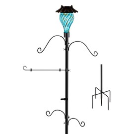 LUJOIN Solar Shepherds Hooks with Hand Blown Glass Lamp, Decorative RGB Lights, 4 Hooks & 1 Flag Holder, Heavy Duty Pole for Hanging Hummingbird Feeder, Bird Feeder, Wind Chime, Plant, Lantern (Teal)