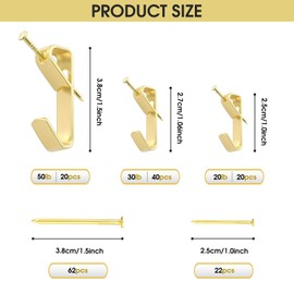 TAIXING 164Pcs Picture Hooks Picture Hanging Kit Heavy Duty Picture Hooks with Nails Picture Hanging Hooks Picture Frame Hooks for Wall Bathroom Calendar Clock with Storage Box 20Lb/30Lb/50Lb Gold