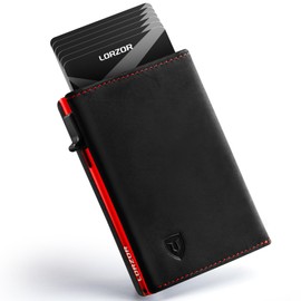 LORZOR Minimalist Wallet for Men with Credit Card Holder, Finest Full Grain Leather, Pop up Smart Wallet, Trifold Slim Wallet, RFID Blocking, Front Pocket, ID Window, Black/Red, Integrated Minimalist