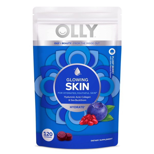 OLLY Glowing Skin Collagen Gummy, Hydrated, Youthful Skin, Hyaluronic Acid, Sea Buckthorn, Chewable Supplement, Berry, 60 Day Supply - 120 Count Pouch