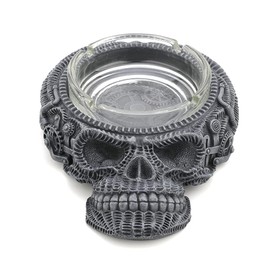 Veronese Design 2 1/8" Tall Flat Skull Vessel Steampunk Figurine Resin Handpainted Sculpture With Glass Ashtray Attachment