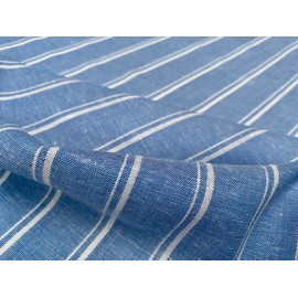 Silky Linen Blend Marine Stripe Fabric Light White Striped Material Home Decor, Dressmaking - 145cm Wide (Sold by The Metre) (Denim Blue)