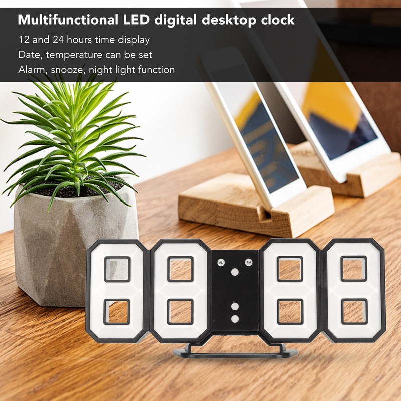 3D LED Digital Desktop Clock Dimmable Snooze Time Memory 12