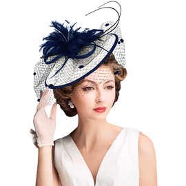 Z&X Sinamay Fascinator Pillbox Hats for Feather Floral Dots Veil Fascinator Wedding Church Hat with Headband Clip Navy and White