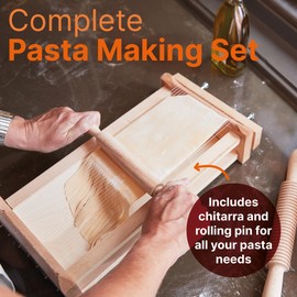 Chitarra Pasta Maker with Rolling Pin by Verve CULTURE, Traditional Italian Pasta Maker Machine with Pasta Roller, Noodle Maker, 14” X 8” X 3” Board, 9.5'' x 1”Rolling Pin