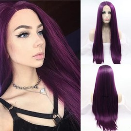 Angle Lucky Dark Purple Lace Front Wig Synthetic Long Silky Straight Bright Purple Free Part Wig Half Hand Tied Glueless Wig Heat Resistant Cosplay Drag Queen Wigs for Women 24 Inch
