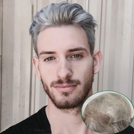 Voloria Toupee for Men European Human Hair Swiss Lace Front Hair Pieces PU V-looped Men's Hair Replacement System 1B Black Hair Mixed 80% Grey Hair