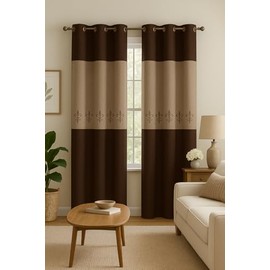 Jenin/WPM 2 Pieces Curtain Set Beige Brown Taupe Luxury Embroidery Panels Grommets Drapes-Elizabeth
