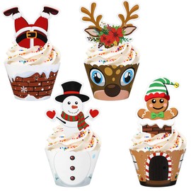 Hemoton Christmas Cupcake Toppers and Wrappers Party Supplies/Favors - 36Sets/72pcs Cupcake Dessert Decoration for Christmas - Snowman/Santa Claus/Reindeer/Gingerbread Man