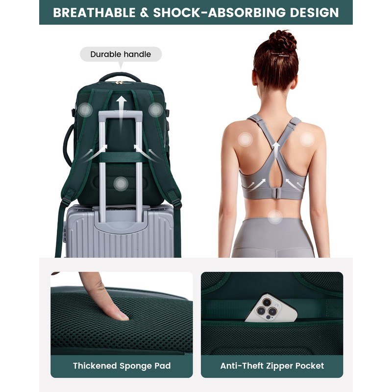 LOVEVOOK Women's Hand Luggage Backpack Large 40L, Dark green, white,